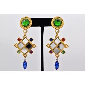 Robert Rose Vintage Statement Dangle Earrings Multi-Color Crystal Mirror Bin1